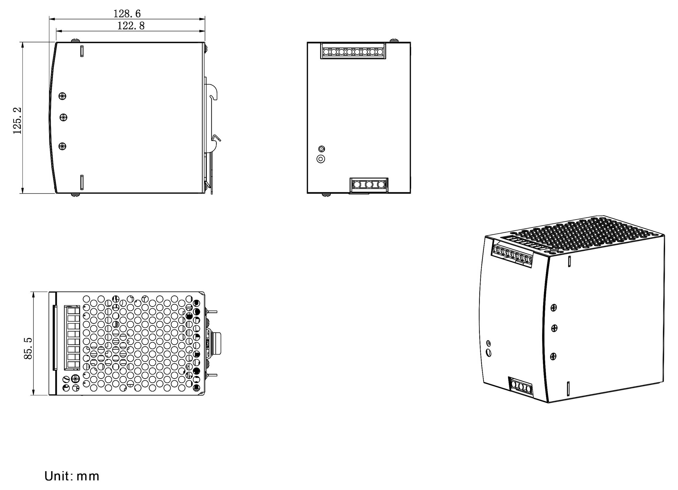 Disegno tecnico di un'unità di alimentazione che mostra viste frontale, laterale, superiore e prospettica con dimensioni e dettagli di connessione.