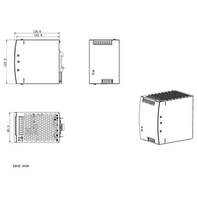 Disegno tecnico di un dispositivo elettronico rettangolare con viste frontale, laterale e superiore, che mostrano dimensioni e posizionamenti dei connettori.
