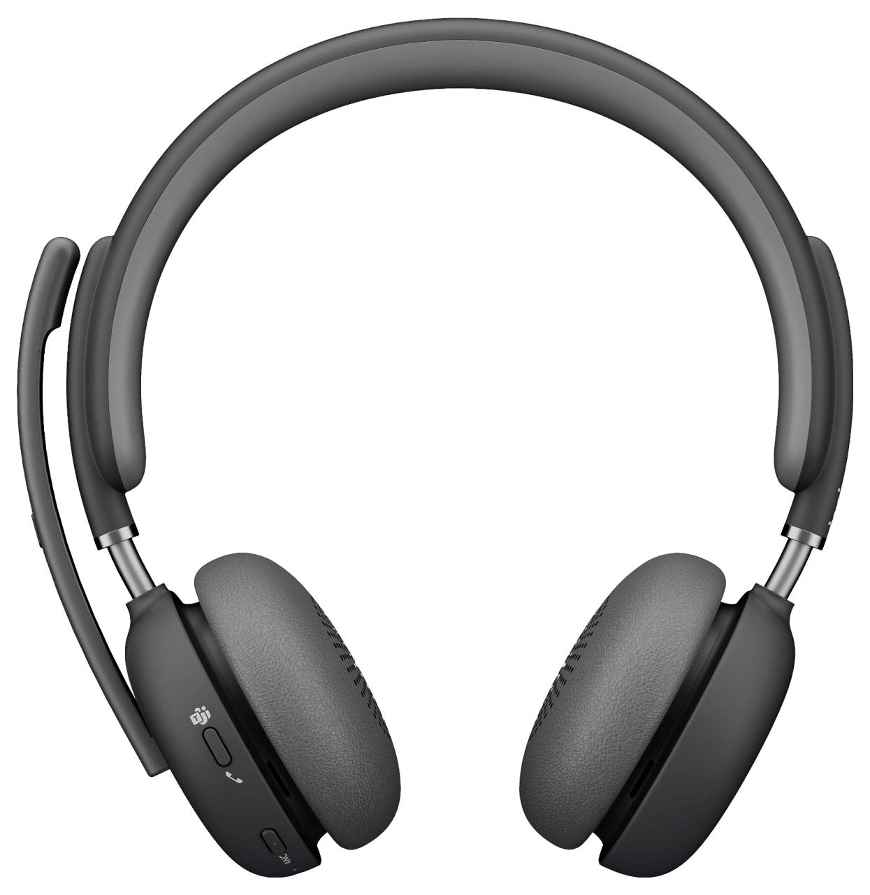 Cuffie over-ear nere con microfono integrato, dotate di cuscinetti auricolari imbottiti e archetto regolabile, riprese dall'alto.