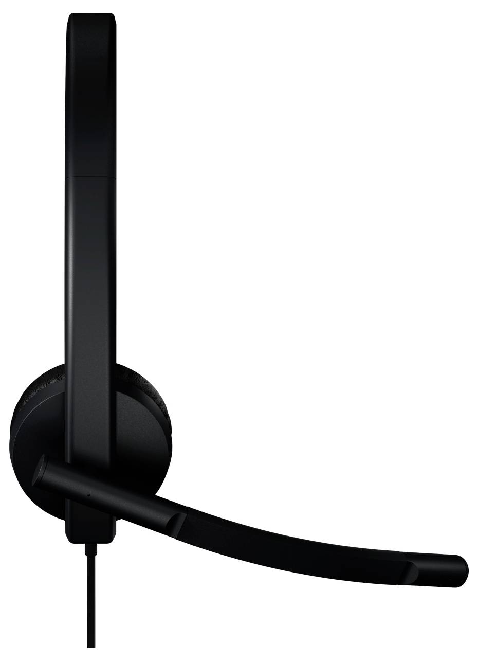 Un auricolare nero con microfono, mostrato di lato, che evidenzia il design elegante e il braccio del microfono regolabile.