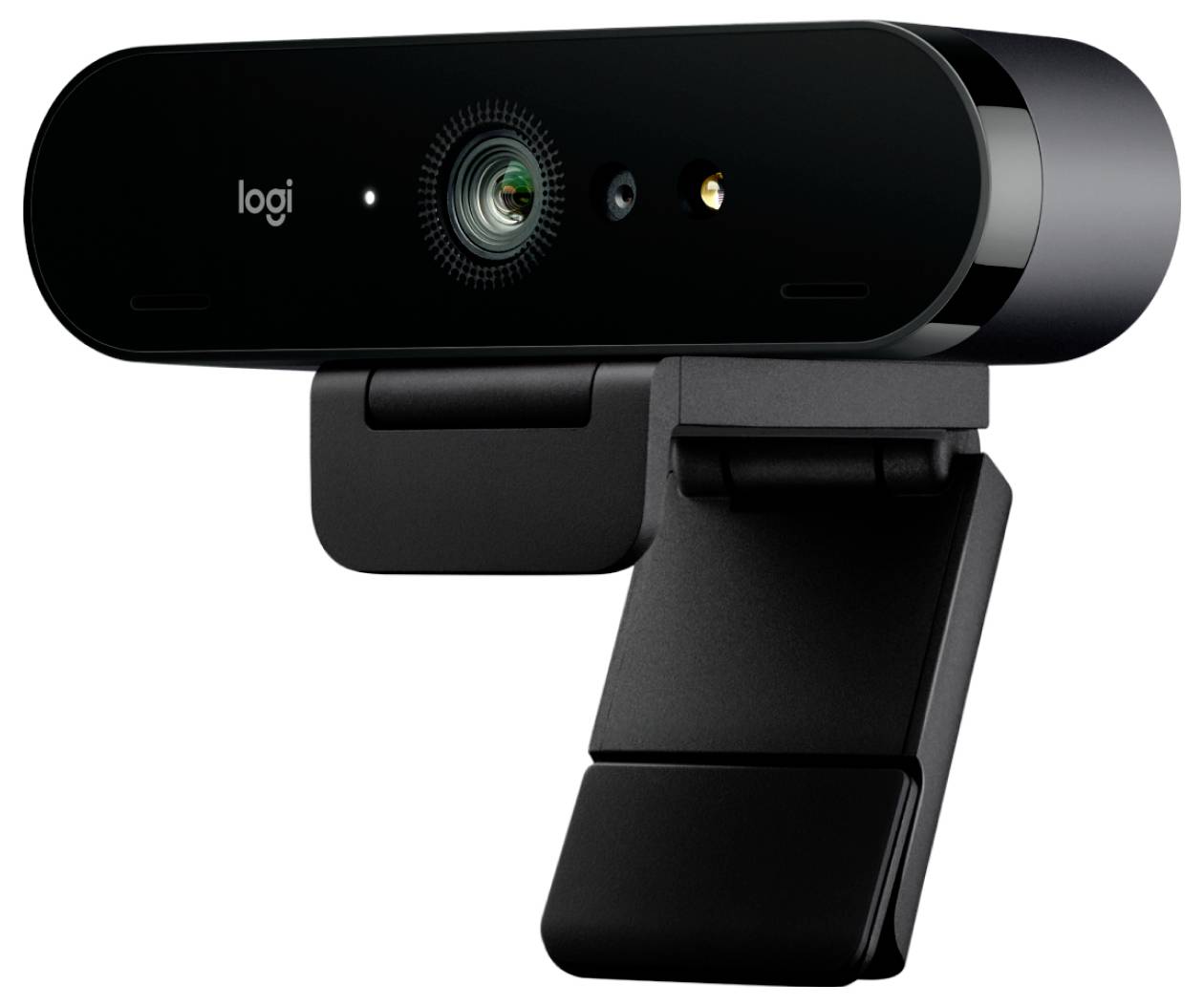 Una webcam nera dal design elegante, con un obiettivo al centro e montata su un supporto regolabile.