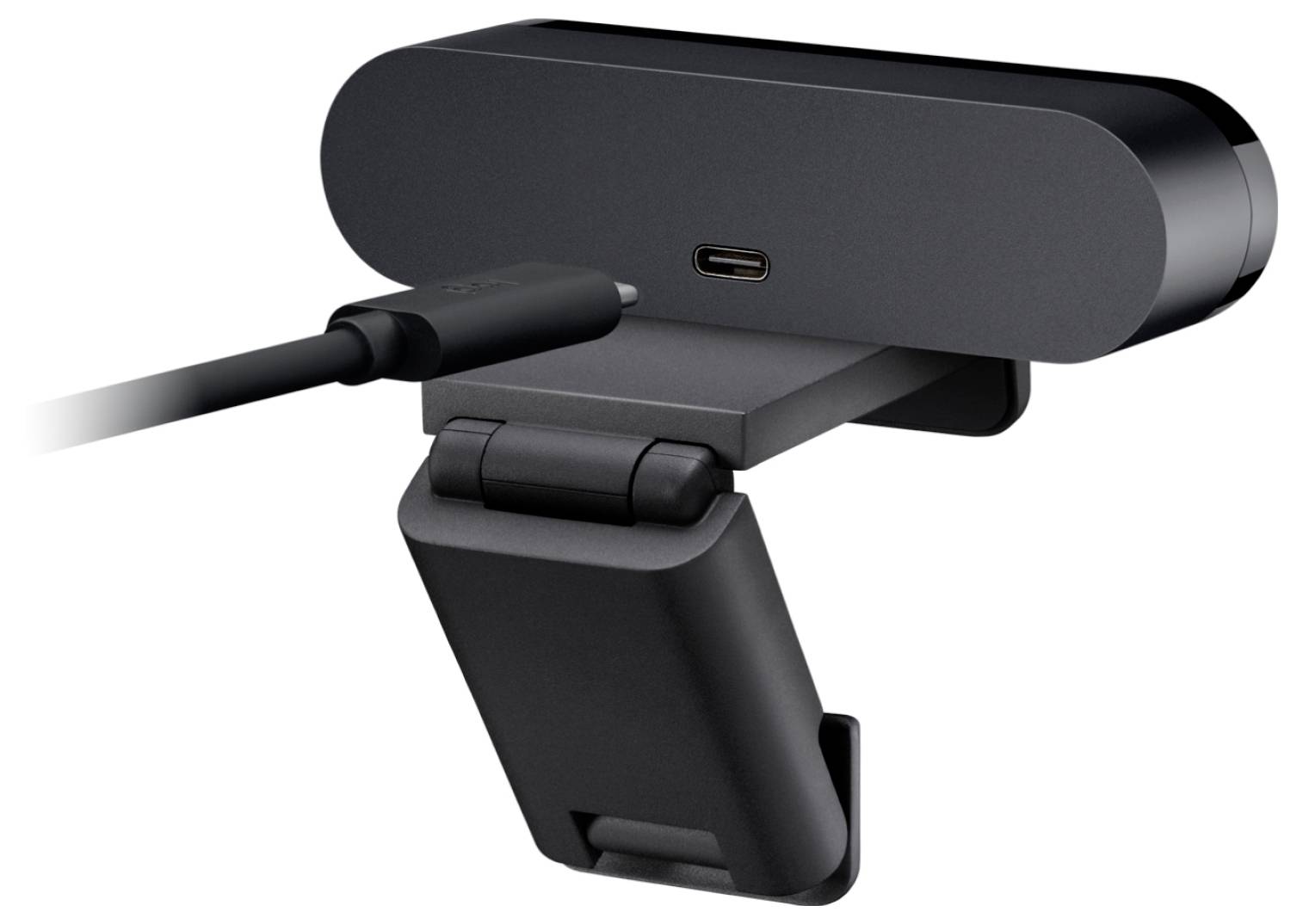 Una webcam nera con porta USB-C e supporto regolabile è mostrata in vista laterale, evidenziando il suo design elegante e l'opzione di connettività.