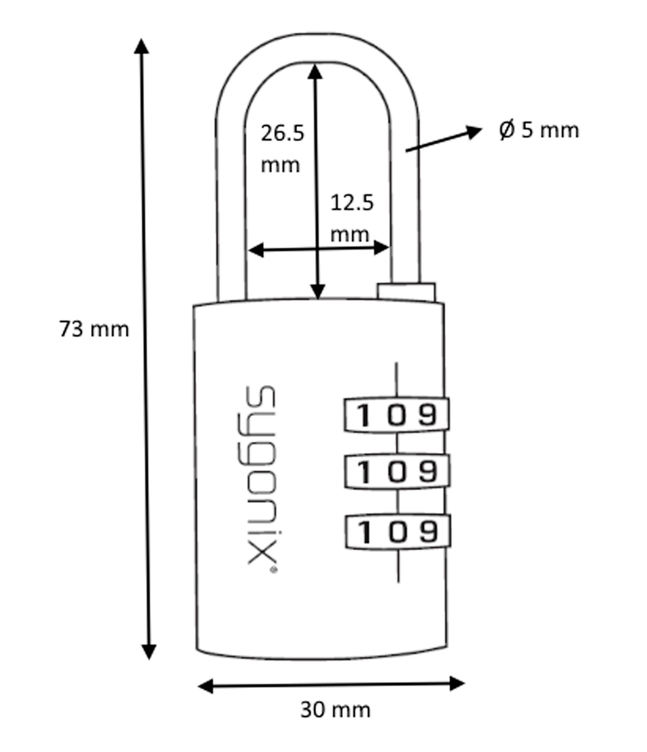 Diagramma di un lucchetto a combinazione con dimensioni: altezza 73 mm, larghezza 30 mm, diametro del catenaccio 5 mm, lunghezza dell'anello 26,5 mm, larghezza del corpo 12,5 mm.