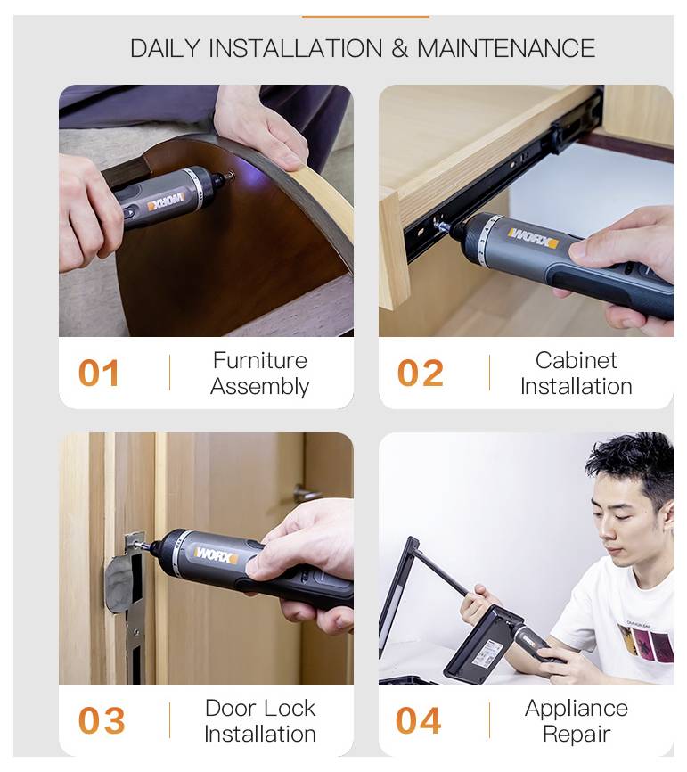 Quattro immagini mostrano diversi utilizzi di un utensile elettrico etichettato 'Worx': 1. Assemblaggio di mobili, 2. Installazione di armadi, 3. Installazione di serrature per porte, 4. Riparazione di elettrodomestici.