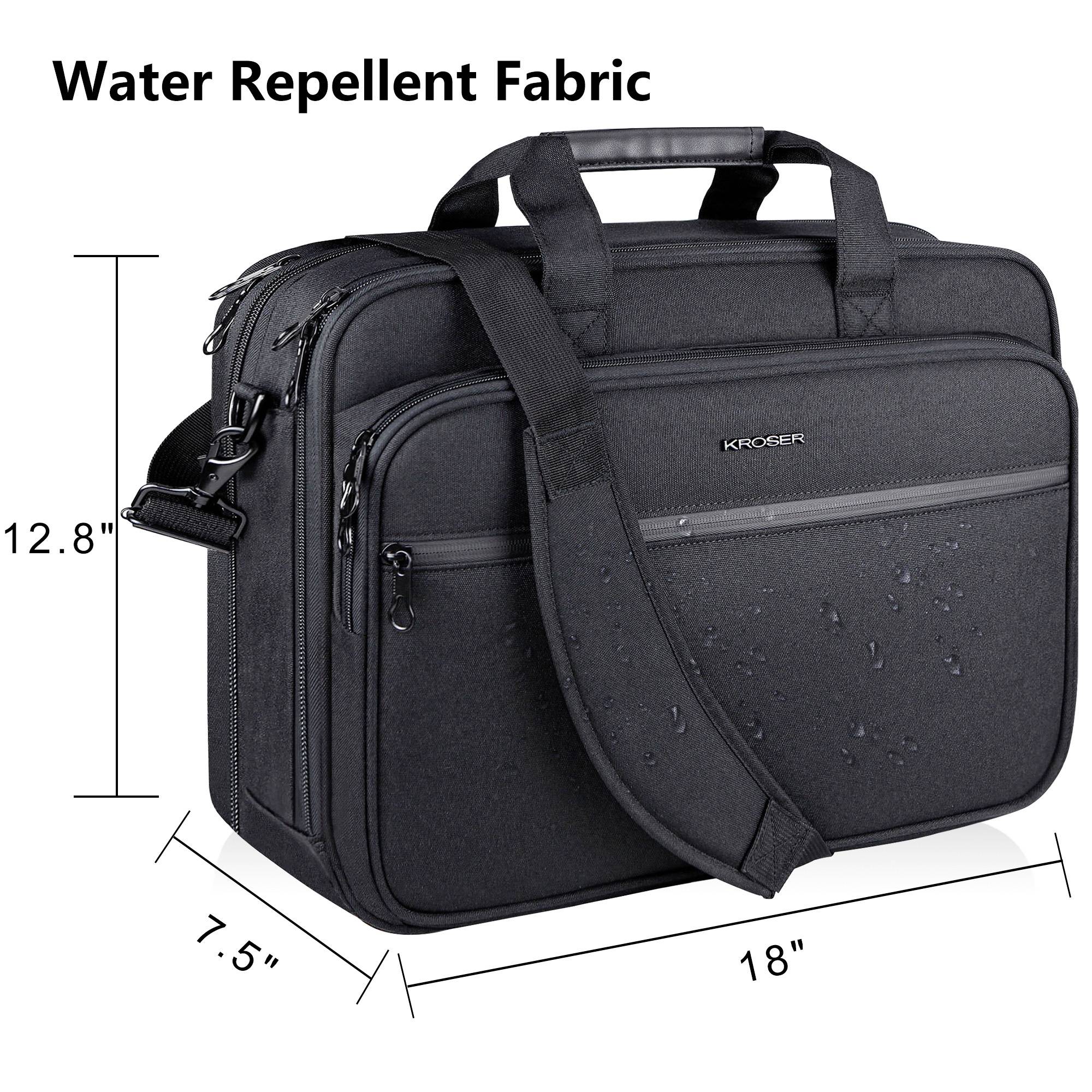 Una borsa per laptop nera realizzata in tessuto idrorepellente è mostrata con goccioline sopra. Le dimensioni sono 45,7 x 19 x 32,5 centimetri, con più scompartimenti.