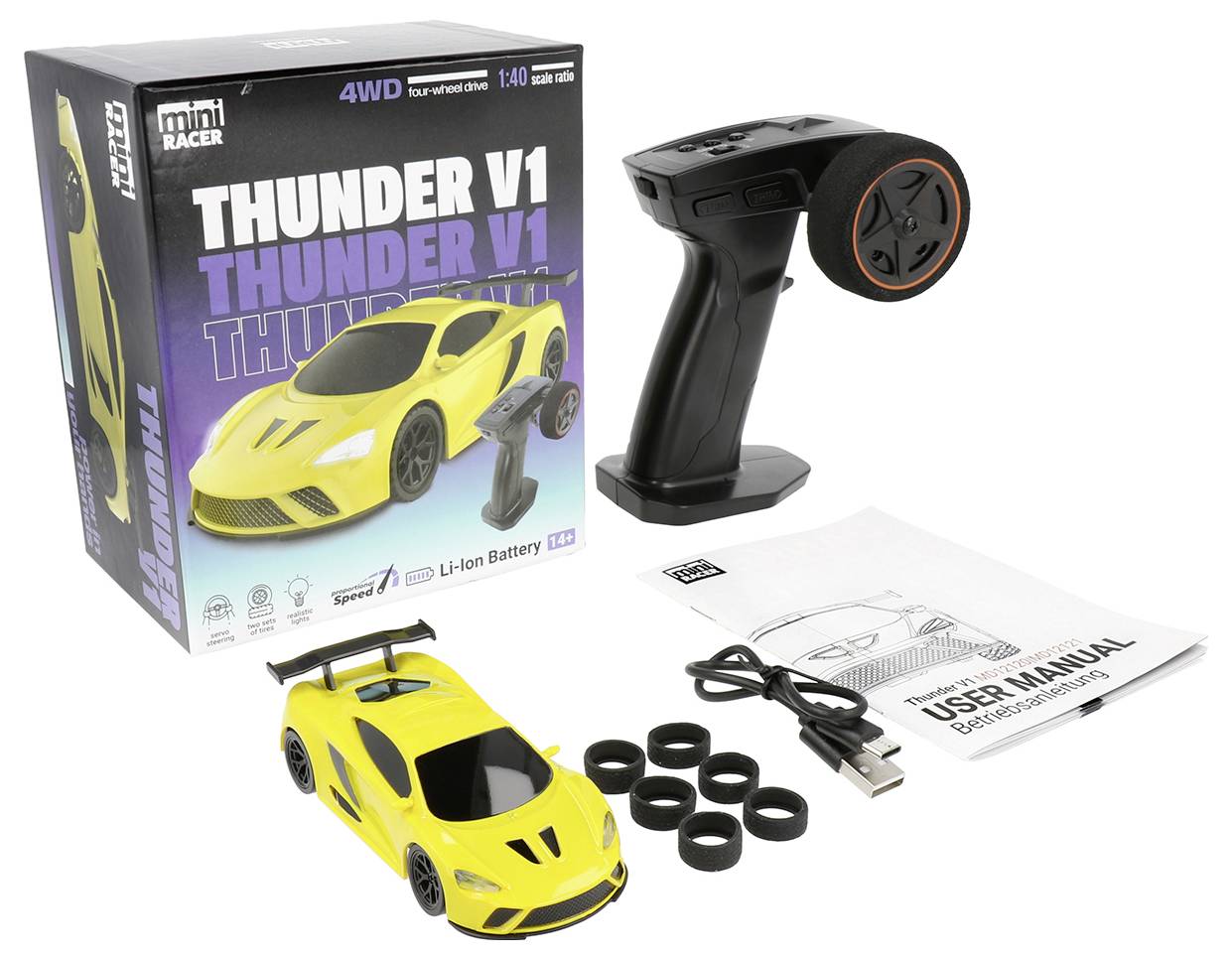 Set di auto telecomandata 'Thunder V1' include un'auto gialla, un controller nero, manuale utente, caricabatterie USB e pneumatici di ricambio, adatto a ragazzi di età superiore ai 14 anni.