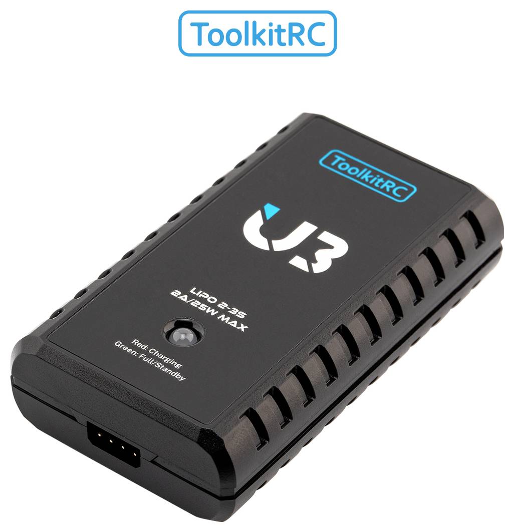 Un dispositivo 'ToolkitRC U3' è presentato, progettato per batterie LiPo 2-3S, con capacità massima di 8A 25W. I punti salienti includono un involucro nero con il marchio 'ToolkitRC'.