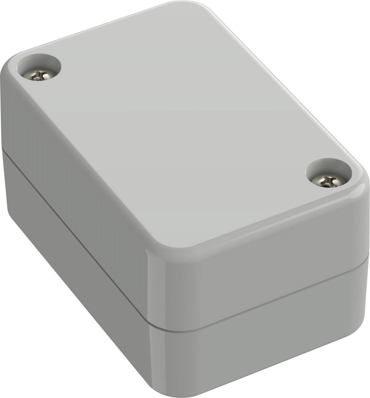 Un piccolo involucro rettangolare grigio in plastica con due viti visibili sulla parte superiore, utilizzato per alloggiare componenti elettronici.