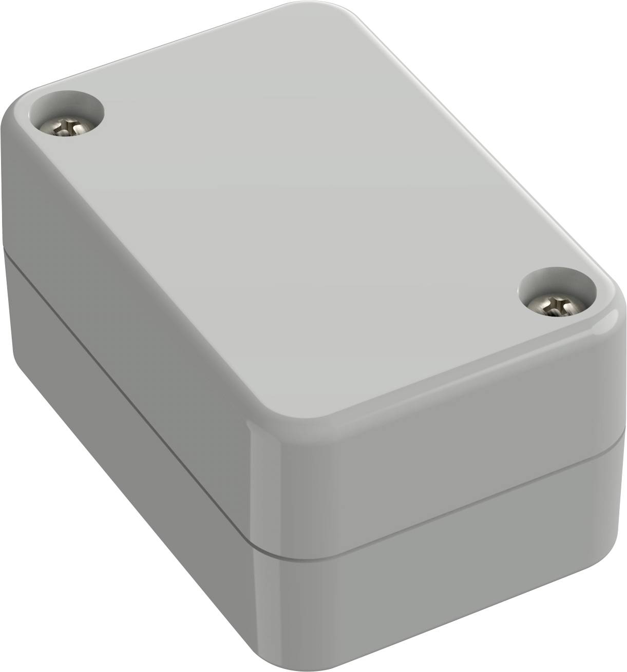 Una piccola scatola di contenimento in plastica grigio chiaro, rettangolare, con due viti visibili sulla parte superiore.