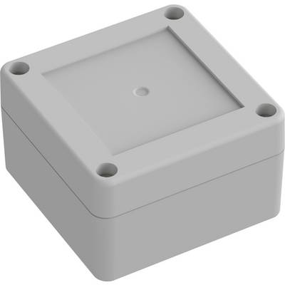 Un involucro quadrato grigio in plastica con una vite in ciascun angolo, utilizzato per alloggiare componenti elettronici.
