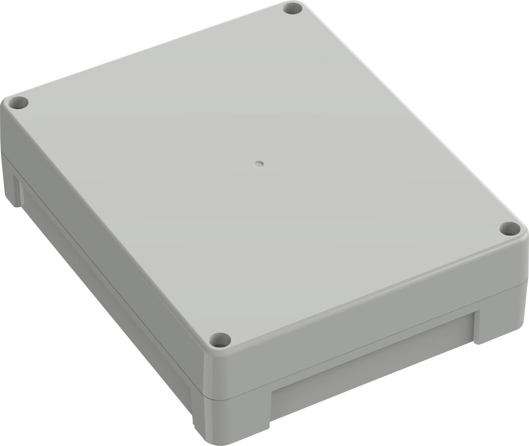 Un involucro elettrico rettangolare in plastica grigio chiaro con bordi arrotondati e fori per viti in corrispondenza di ogni angolo.