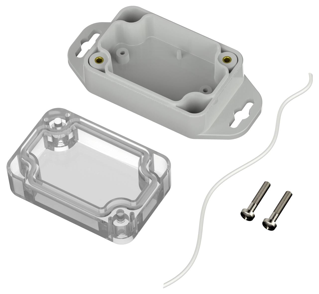 Kit involucro in plastica che mostra una scatola rettangolare aperta, coperchio trasparente, viti e un cordone di guarnizione in gomma.