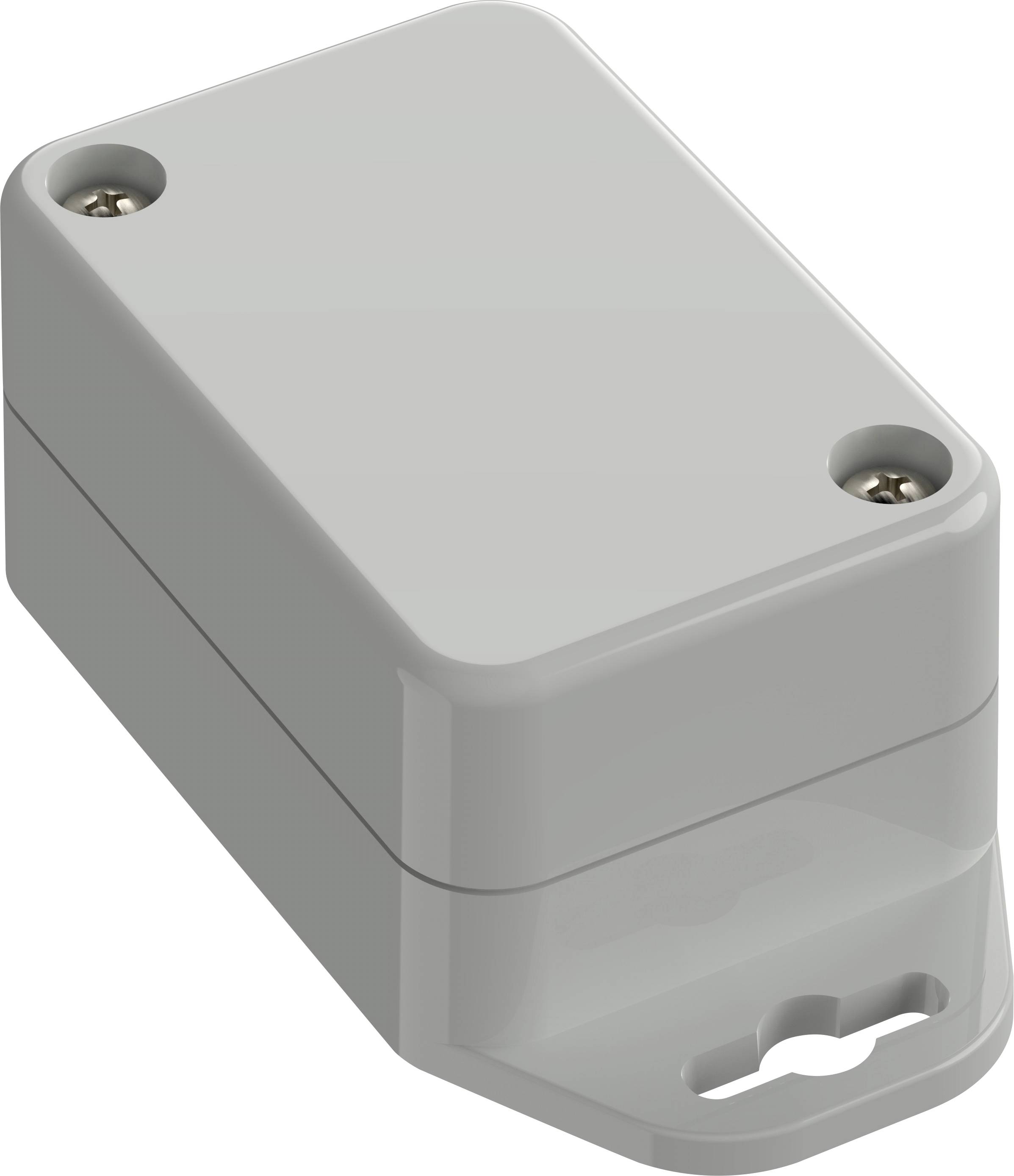 Un piccolo dispositivo rettangolare grigio con bordi arrotondati e due viti in alto. Ha una base montabile con un foro per il fissaggio.