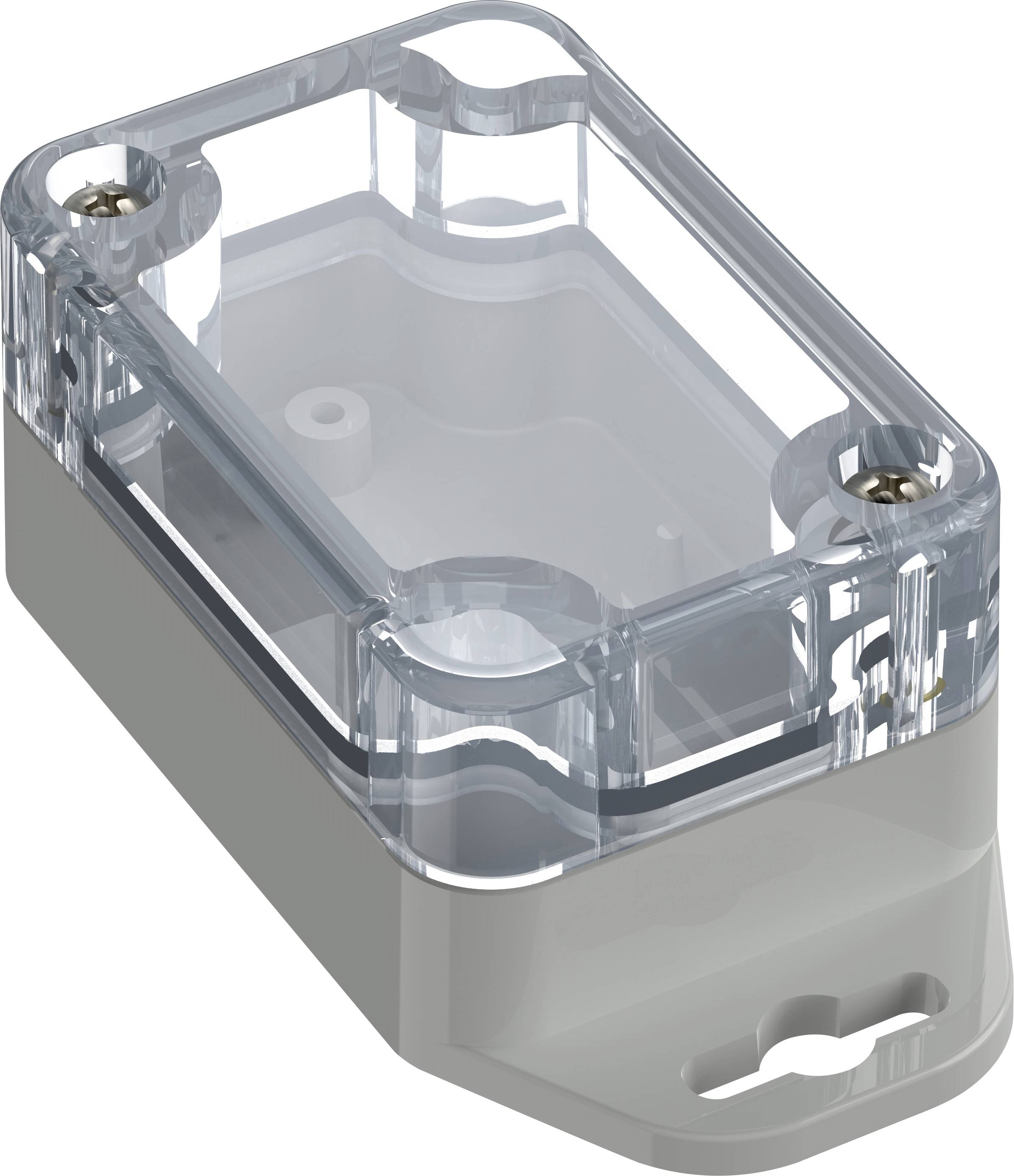 Un piccolo involucro elettrico trasparente in plastica con un coperchio trasparente e quattro fori per viti, progettato per proteggere componenti elettronici.