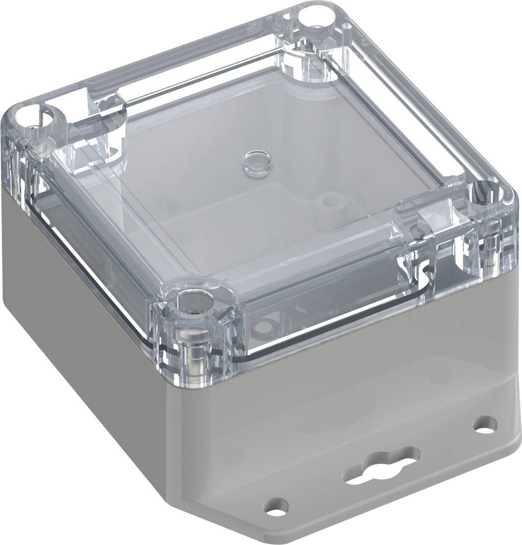 Un involucro rettangolare trasparente in plastica con base grigia, dotato di un coperchio sicuro e angoli arrotondati per componenti elettronici.