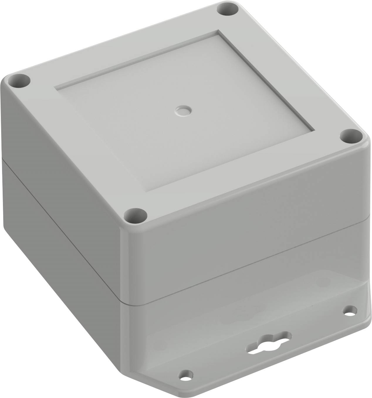 Un piccolo involucro rettangolare grigio in plastica con fori di montaggio agli angoli e una tacca alla base, comunemente utilizzato per progetti di elettronica.