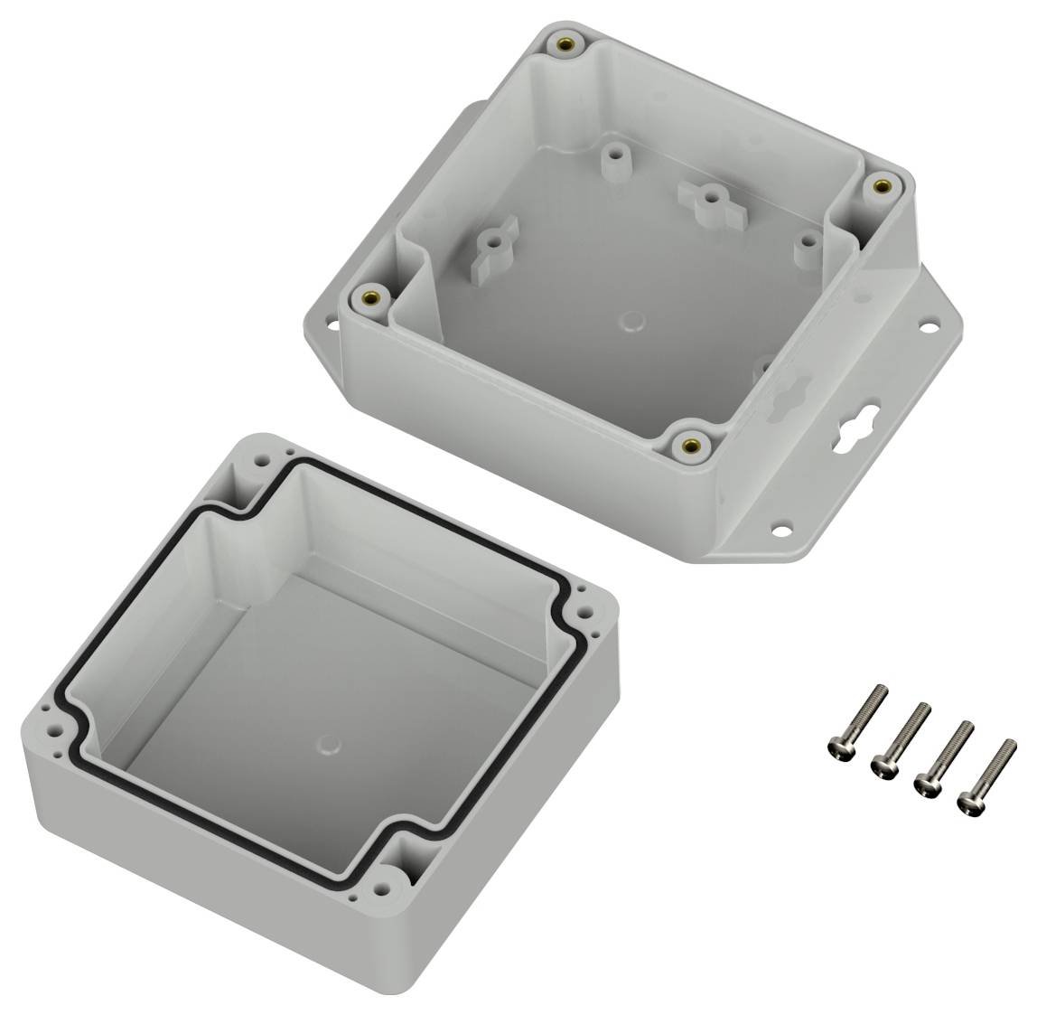 Un involucro rettangolare in plastica con fondo e coperchio aperti, dotato di guarnizione di tenuta e quattro viti, ideale per alloggiare componenti elettronici.