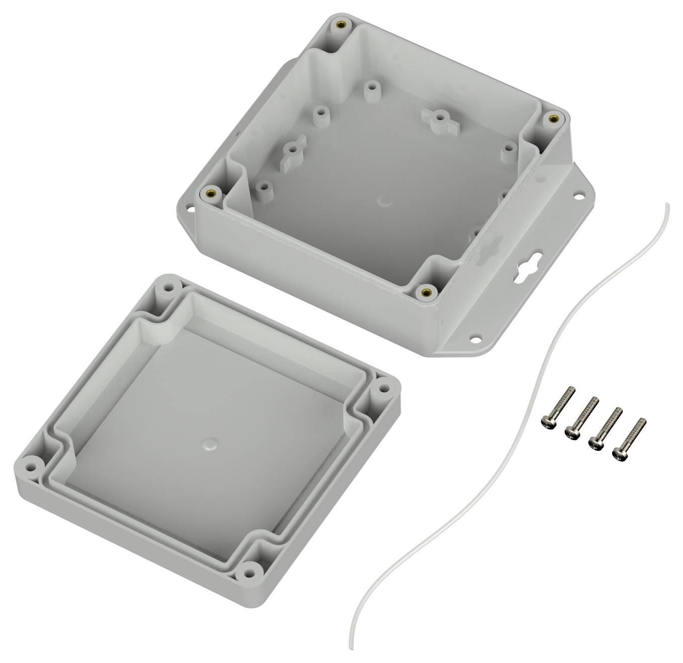 Un involucro di plastica grigia, mostrato aperto con base e coperchio posizionati separatamente. Include quattro viti metalliche e una sottile striscia di guarnizione bianca.