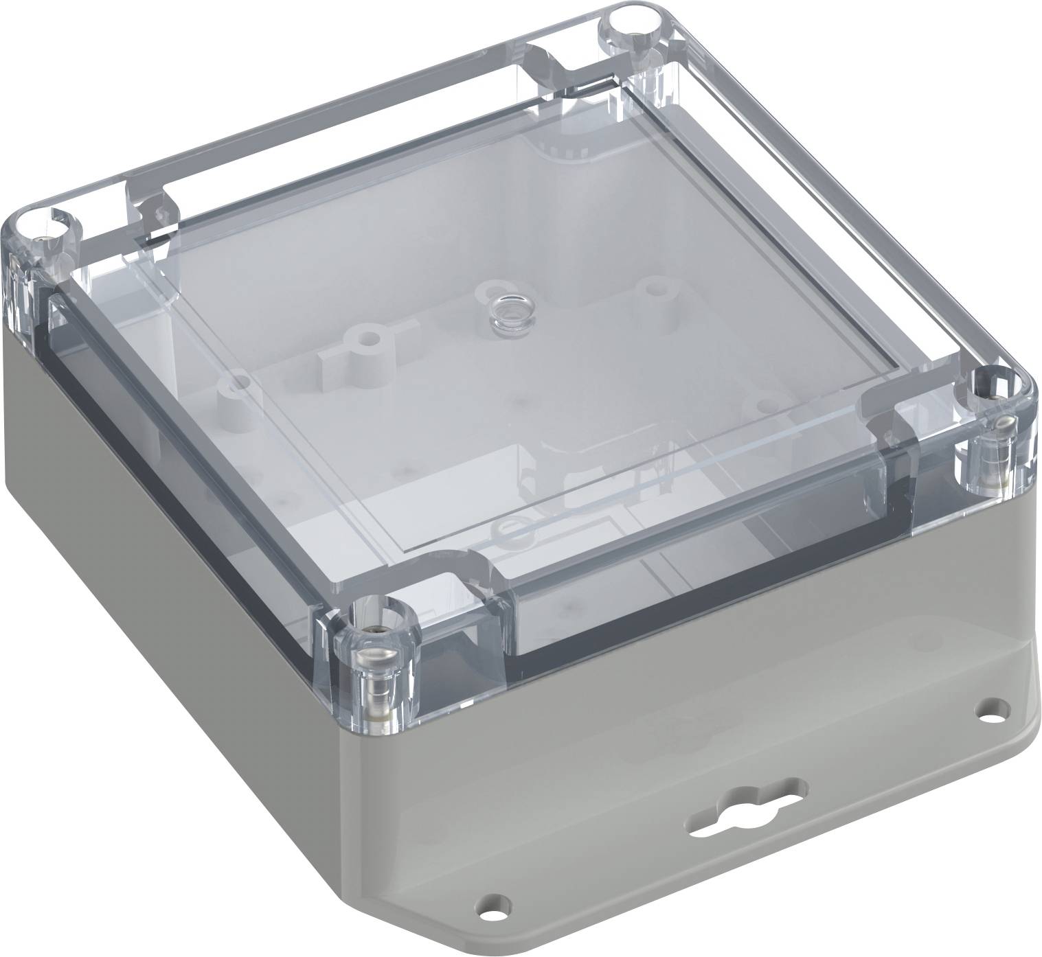 Un involucro di plastica trasparente con un coperchio superiore trasparente e una base grigia, spesso utilizzato per alloggiare componenti elettronici o cablaggi.