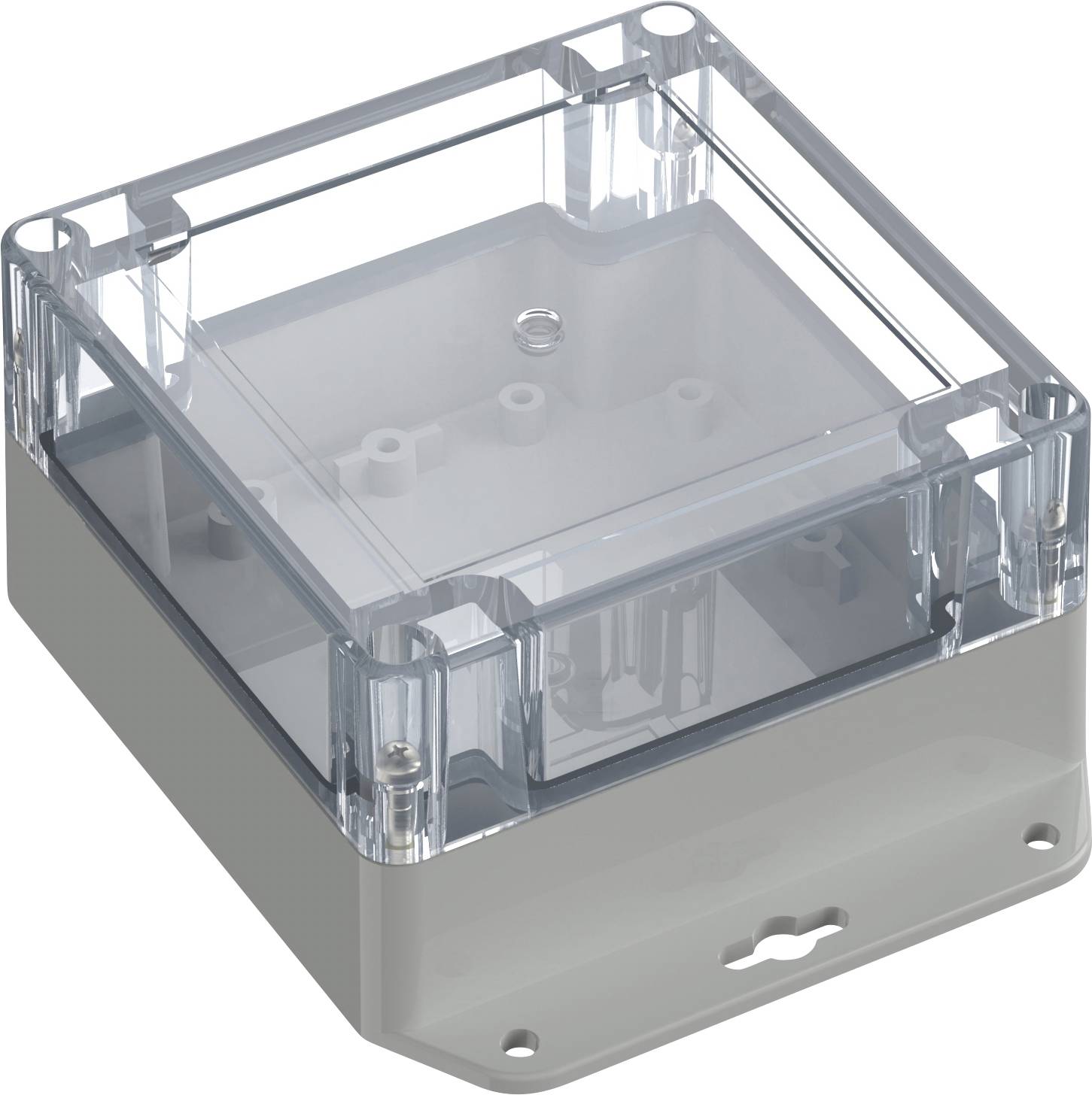 Una scatola di giunzione elettrica quadrata, trasparente, con fori di montaggio, progettata per proteggere e ospitare connessioni elettriche.
