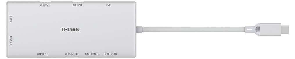 Un adattatore multi-porta D-Link con connettore USB-C, dotato di diverse porte di ingresso: scheda SD, microSD, USB-A, USB-C, HDMI ed Ethernet.