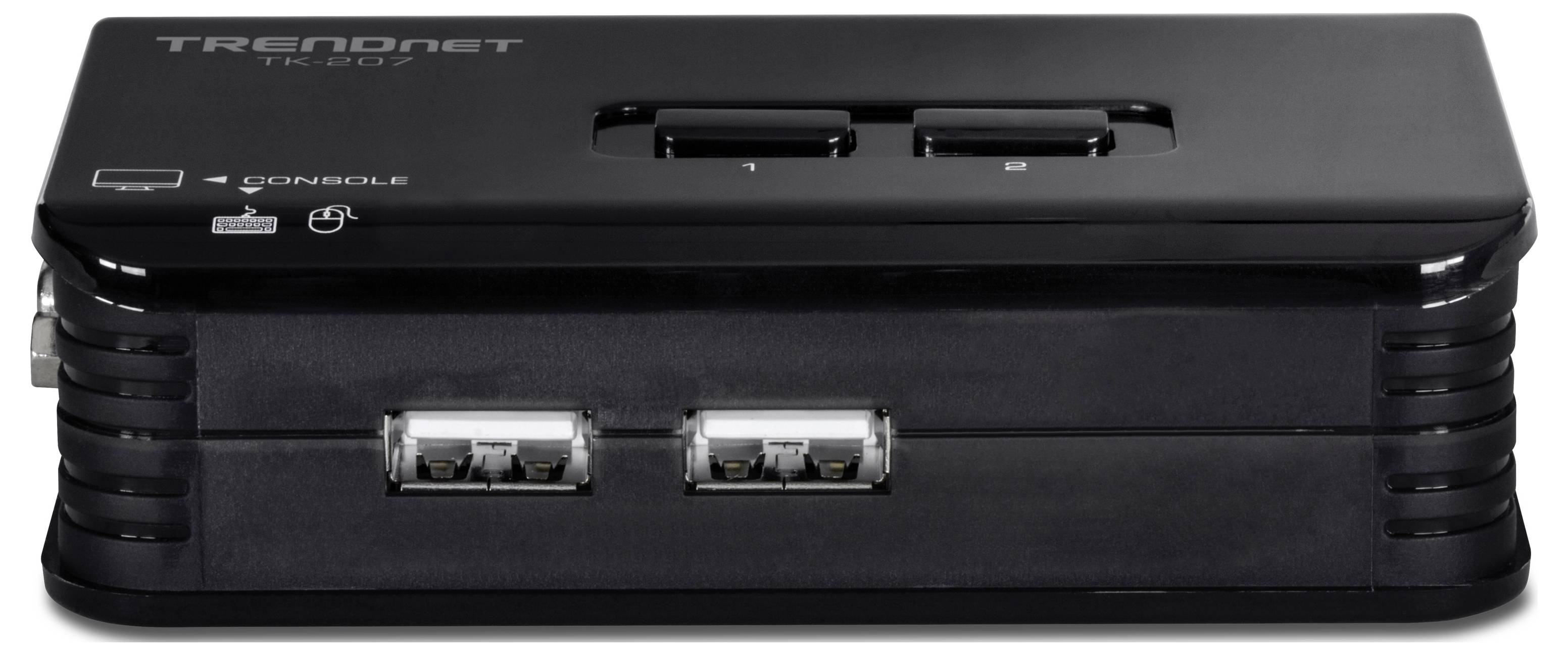 Un interruttore KVM TRENDnet nero con due porte USB sul davanti, etichettato 'CONSOLE'. Consente di commutare il controllo tra più computer.