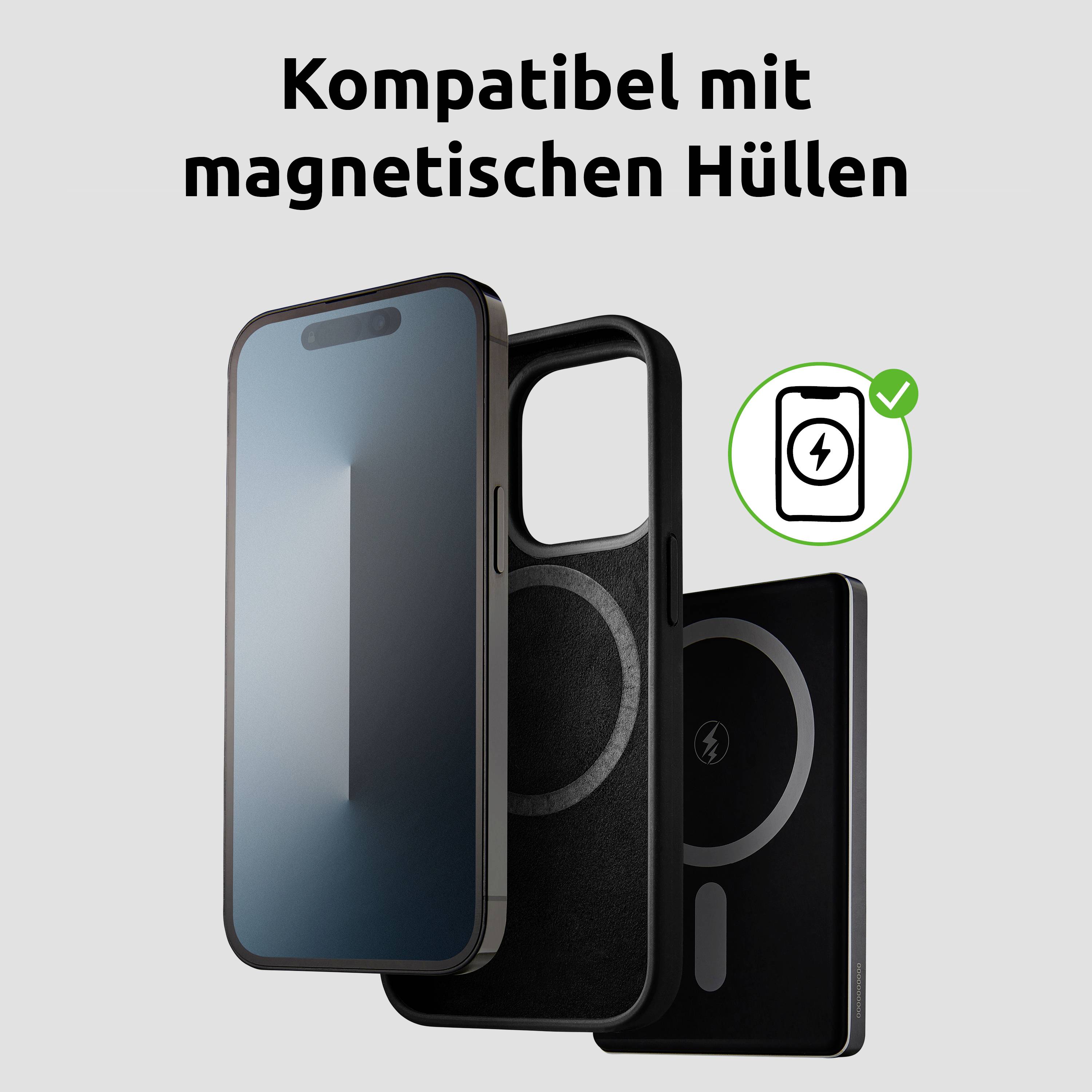 Smartphone con compatibilità custodia magnetica; mostra il telefono e il coperchio posteriore separato con design a magnete circolare, l'icona indica la compatibilità.