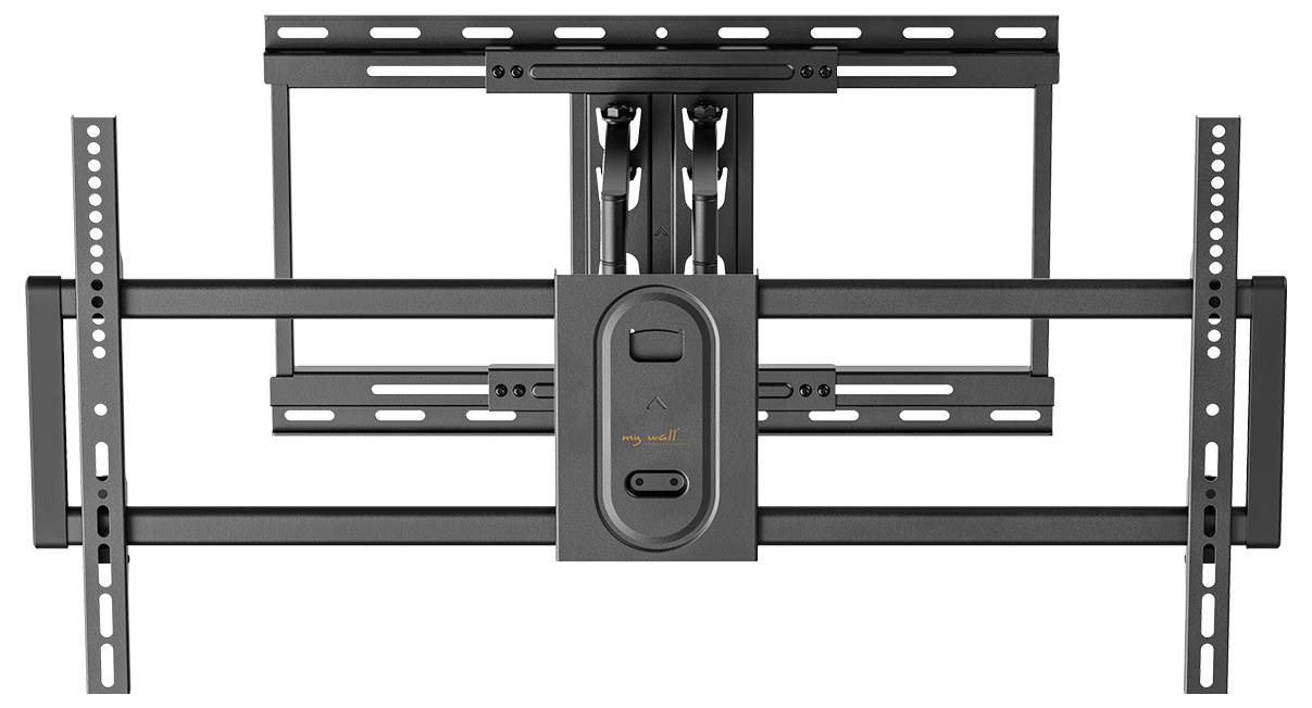 Staffa di montaggio a parete con bracci girevoli per TV a schermo piatto, dotata di barre regolabili in larghezza e verticalmente per un posizionamento versatile. Adatta per configurazioni di arredamento moderno.