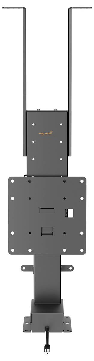 Un supporto da parete per TV regolabile nero con più fori per viti, progettato per un montaggio sicuro e flessibile di televisori a schermo piatto.