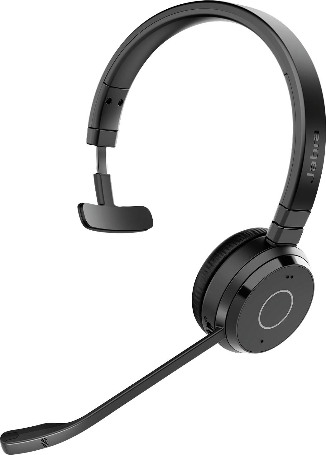 Un auricolare wireless nero con un solo padiglione e un braccio microfono, progettato per la comunicazione a mani libere.