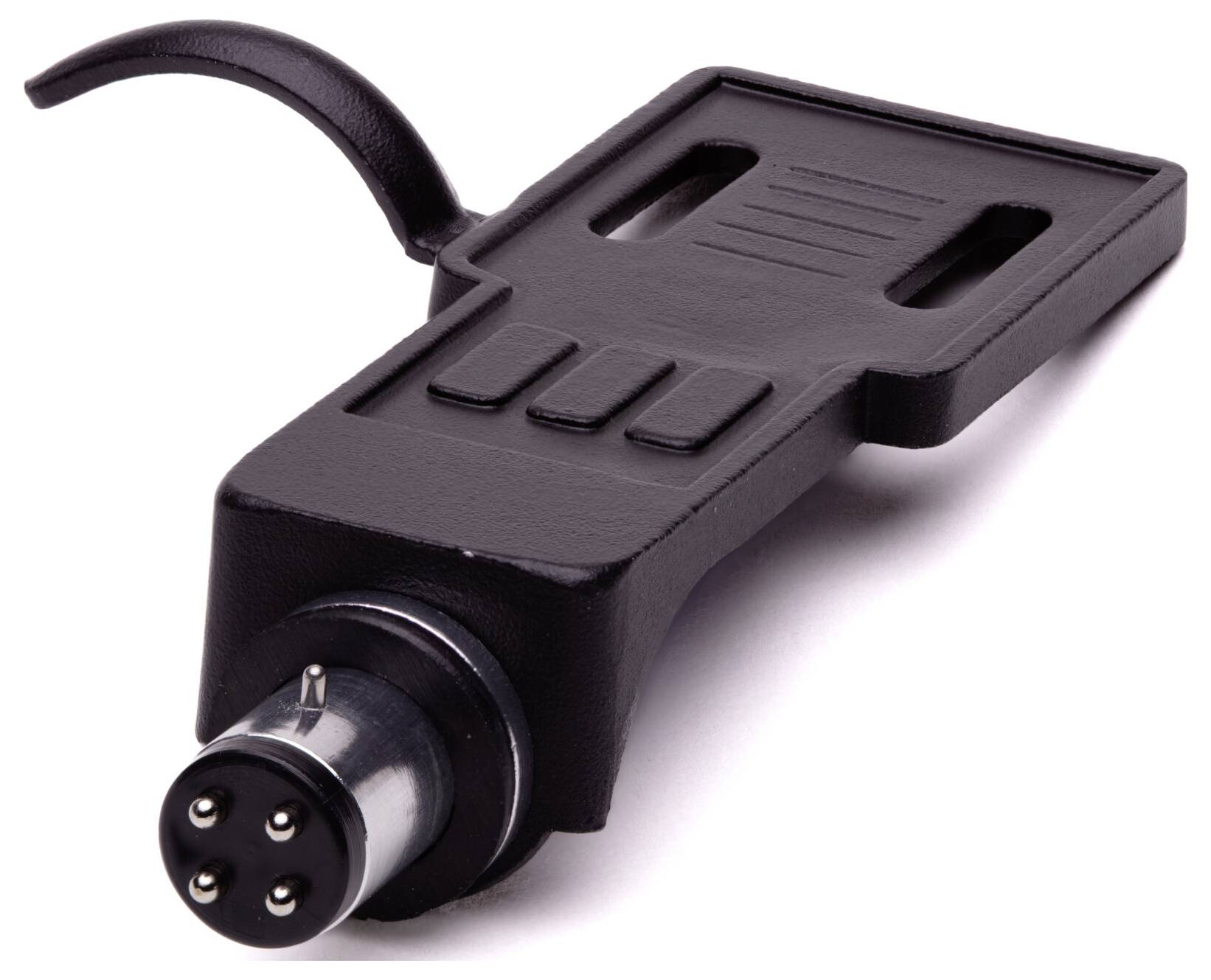 Una spina audio nera con connettore a quattro pin e una maniglia, utilizzata per collegare o fissare apparecchiature audio.