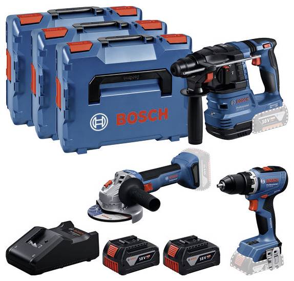 Set di utensili Bosch con trapano a batteria, smerigliatrice angolare, martello perforatore, tre batterie, due valigette e un caricabatterie, tutti in blu.