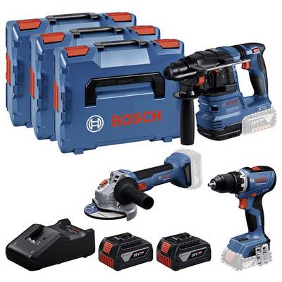 Set di utensili Bosch con trapano a batteria, smerigliatrice angolare, martello perforatore, tre batterie, due valigette e un caricabatterie, tutti in blu.