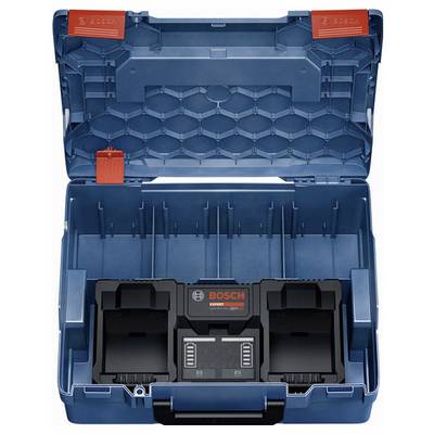 Aprire il contenitore blu Bosch L-Boxx contenente un caricabatterie doppio.
