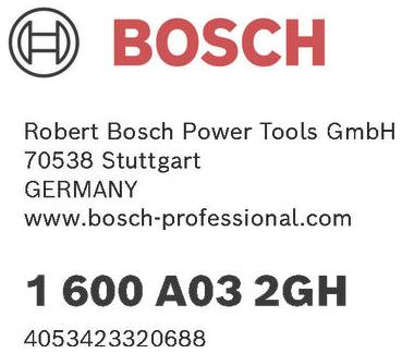 'BOSCH' logo. Recapiti: Robert Bosch Power Tools GmbH, 70538 Stoccarda, Germania, www.bosch-professional.com. Modello: 1 600 A03 2GH.