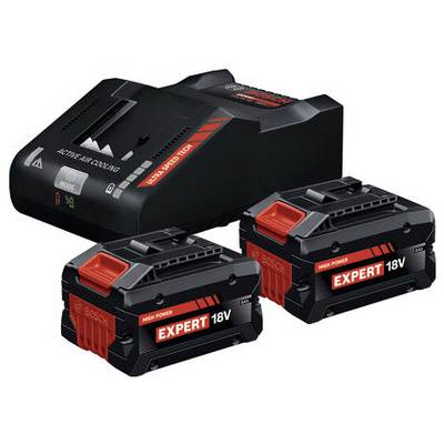 Un caricabatterie Bosch con due batterie 'Expert 18V', che mostra una funzione di raffreddamento attivo e tecnologia di ricarica ad alta velocità.