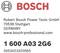 'Bosch' logo con testo: 'Robert Bosch Power Tools GmbH, 70538 Stoccarda, GERMANIA, www.bosch-professional.com, 1 600 A03 2G6, 4053423320565'