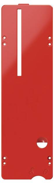 Un oggetto rettangolare di plastica rossa con uno slot verticale e più fori, probabilmente una piastra di montaggio o di guida.