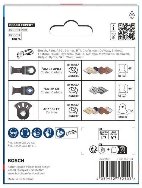 Confezione 'Bosch Expert' per lame da taglio, che presenta tre tipologie: 'AIZ 32 AP/IT', 'AII 32 SC/IT' e 'ACZ 105 ET/IT'. Mostra i dettagli di compatibilità e utilizzo per il taglio.