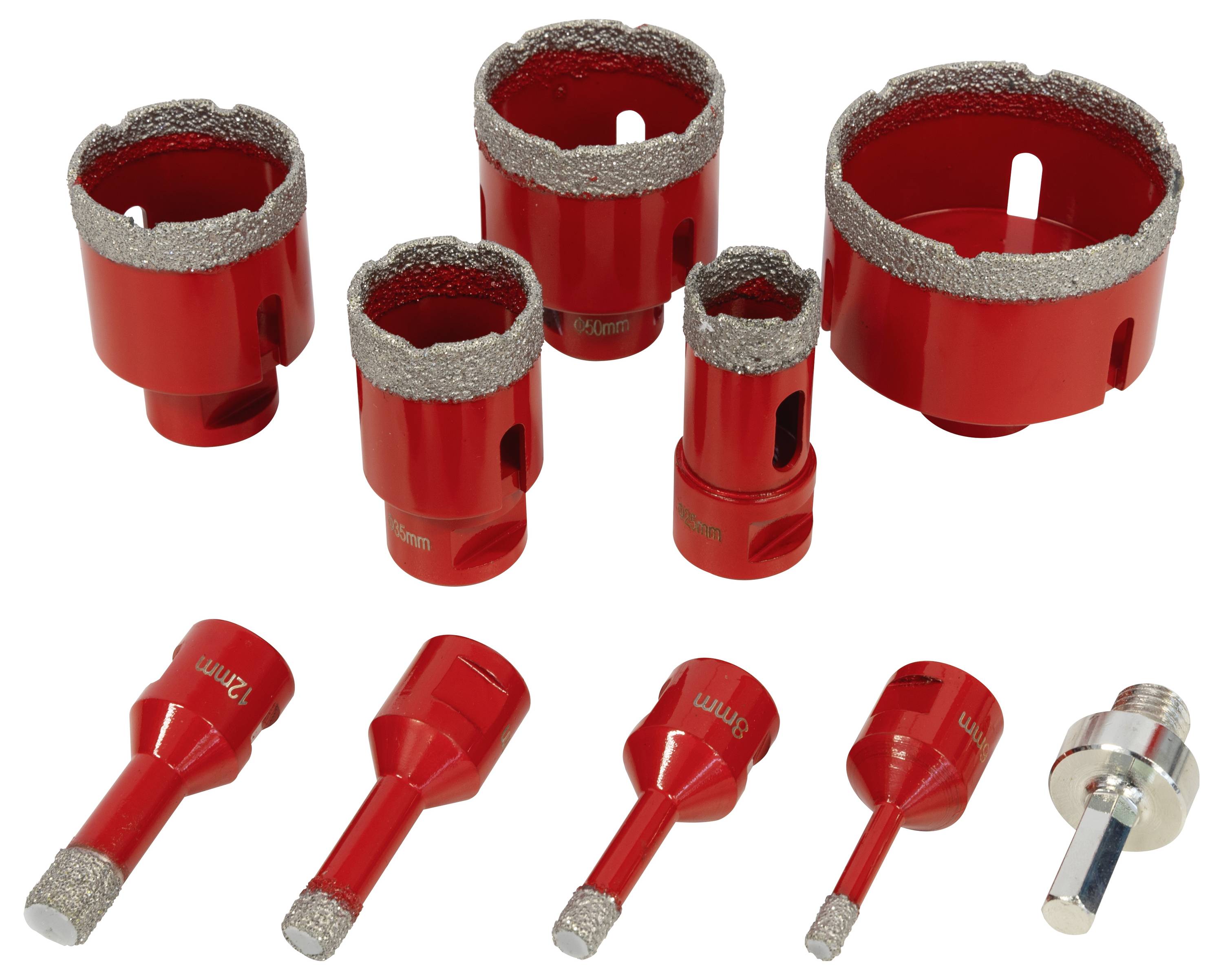 Set di seghe a tazza diamantate rosse con varie dimensioni per il taglio di materiali.