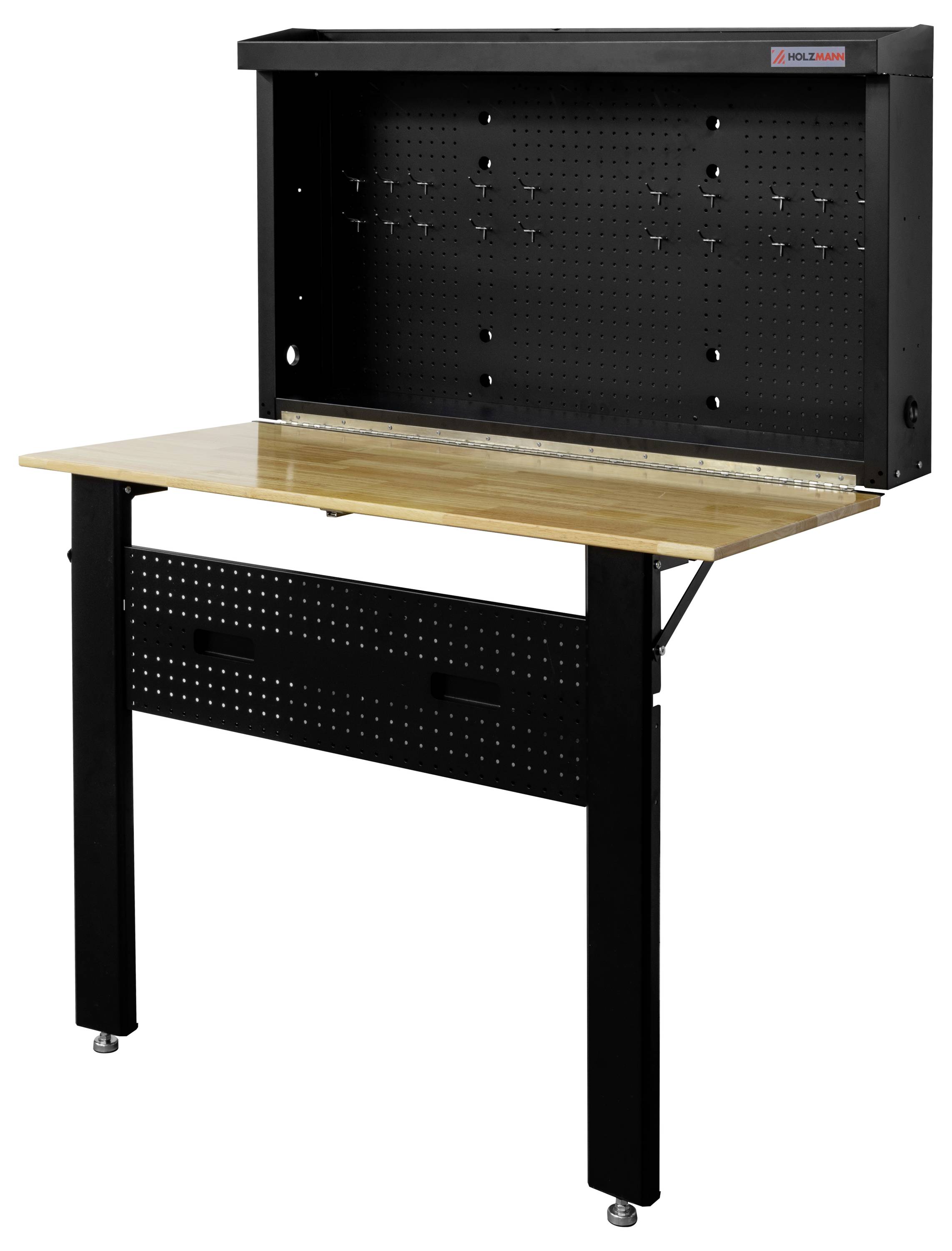 Un banco da lavoro nero in metallo con un piano di lavoro in legno, dotato di un pannello forato sul retro e uno scaffale inferiore. Ideale per organizzare gli attrezzi in un laboratorio.