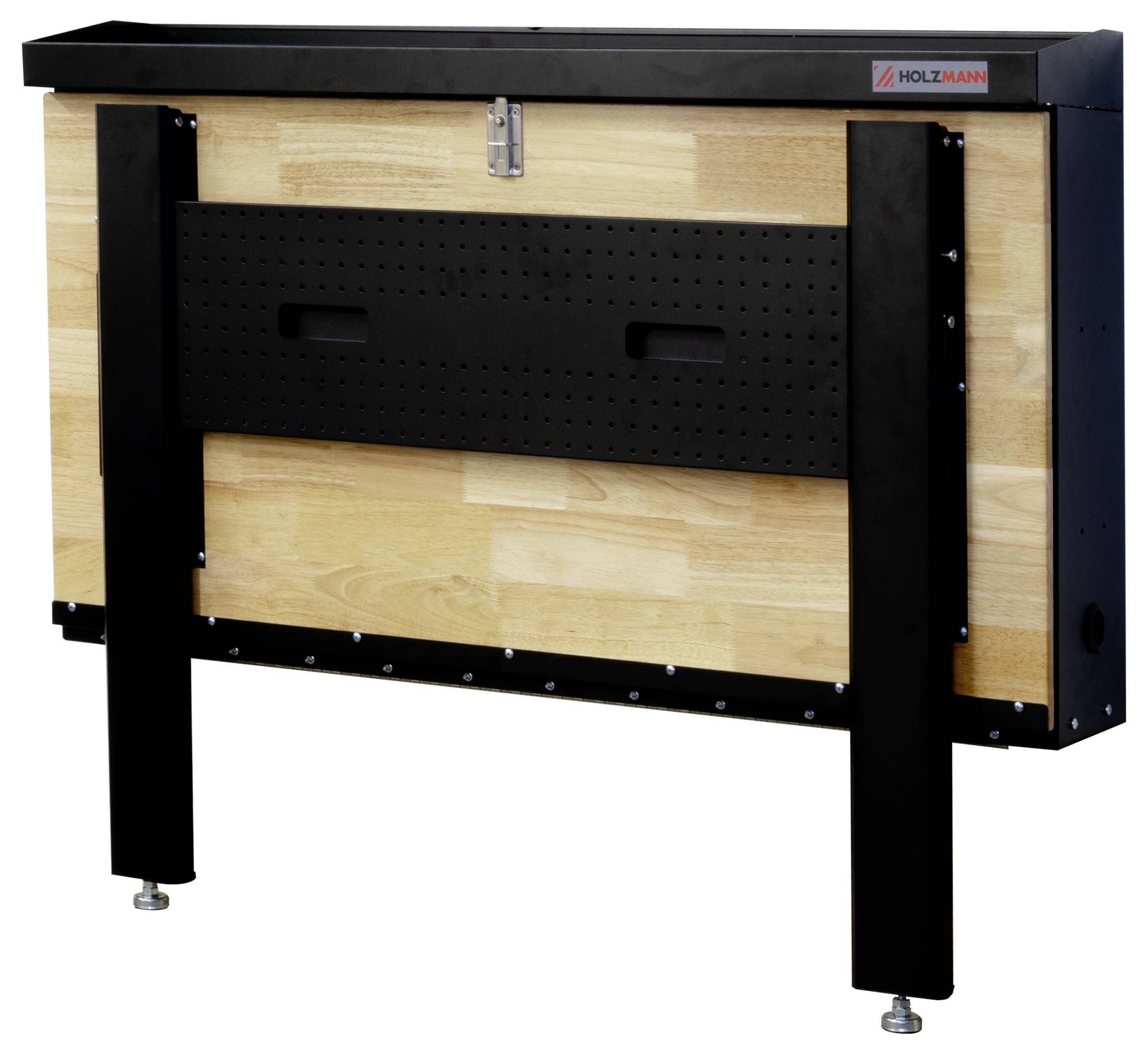 Un banco da lavoro in legno e metallo con gambe nere, caratterizzato da un design pieghevole che consente un risparmio di spazio. Include un lucchetto e due maniglie sul davanti.