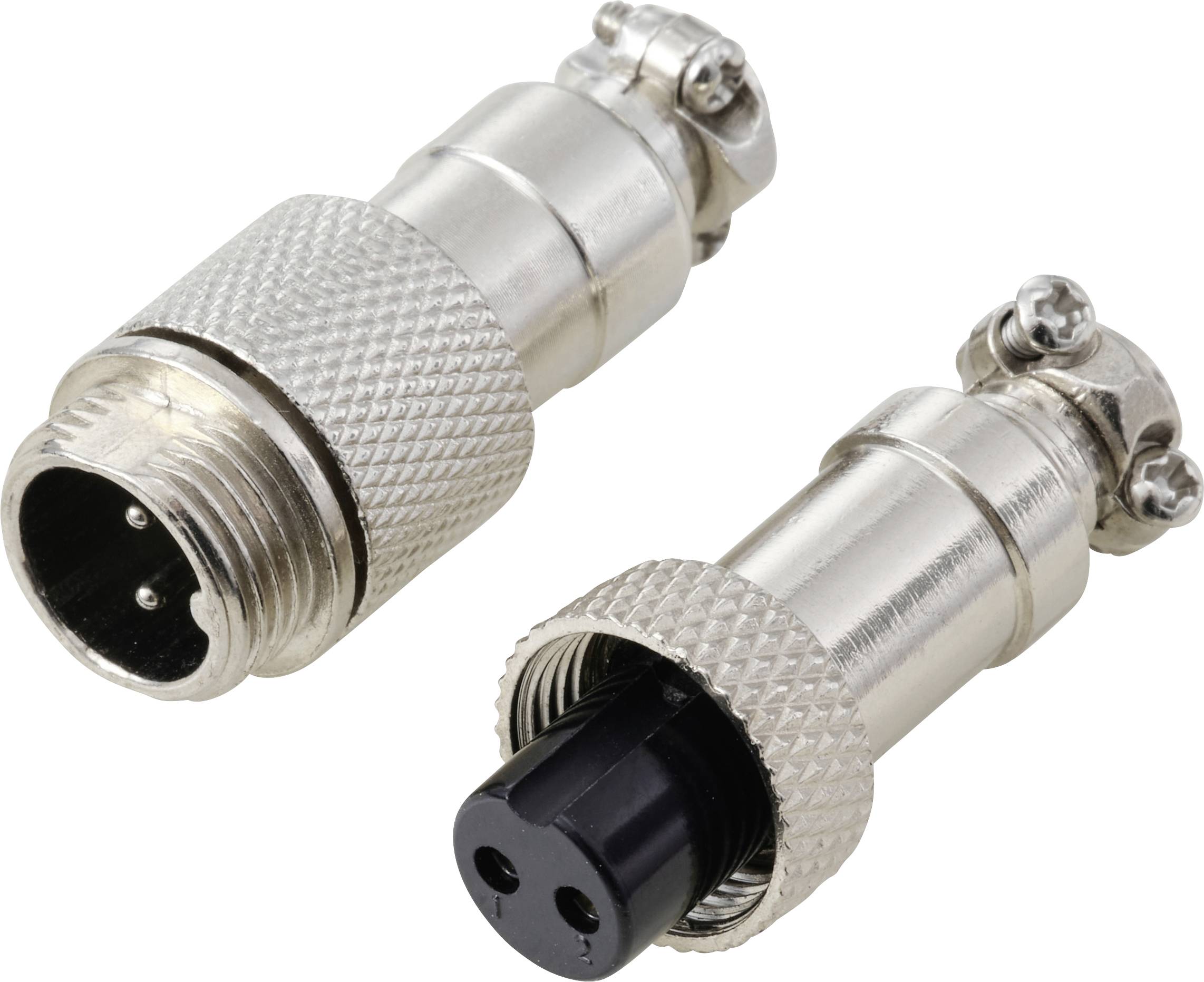 Due connettori metallici con finitura argentata e impugnatura zigrinata, con estremità maschio e femmina, progettati per connessioni elettriche sicure.