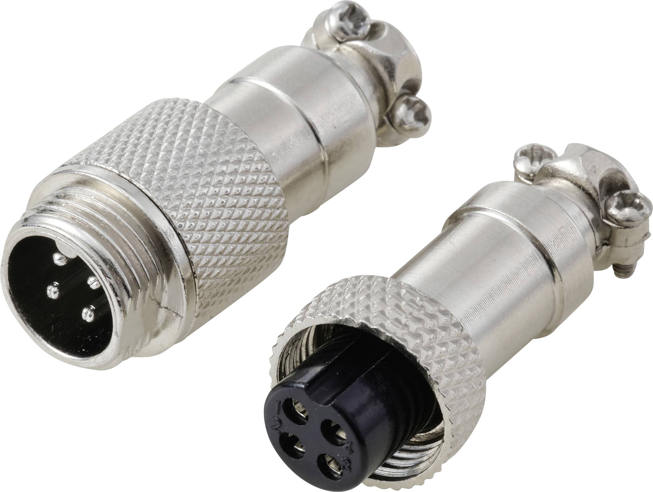 Due connettori metallici con impugnature zigrinatee; uno ha tre pin e l'altro ha tre prese, utilizzati per connessioni elettriche.
