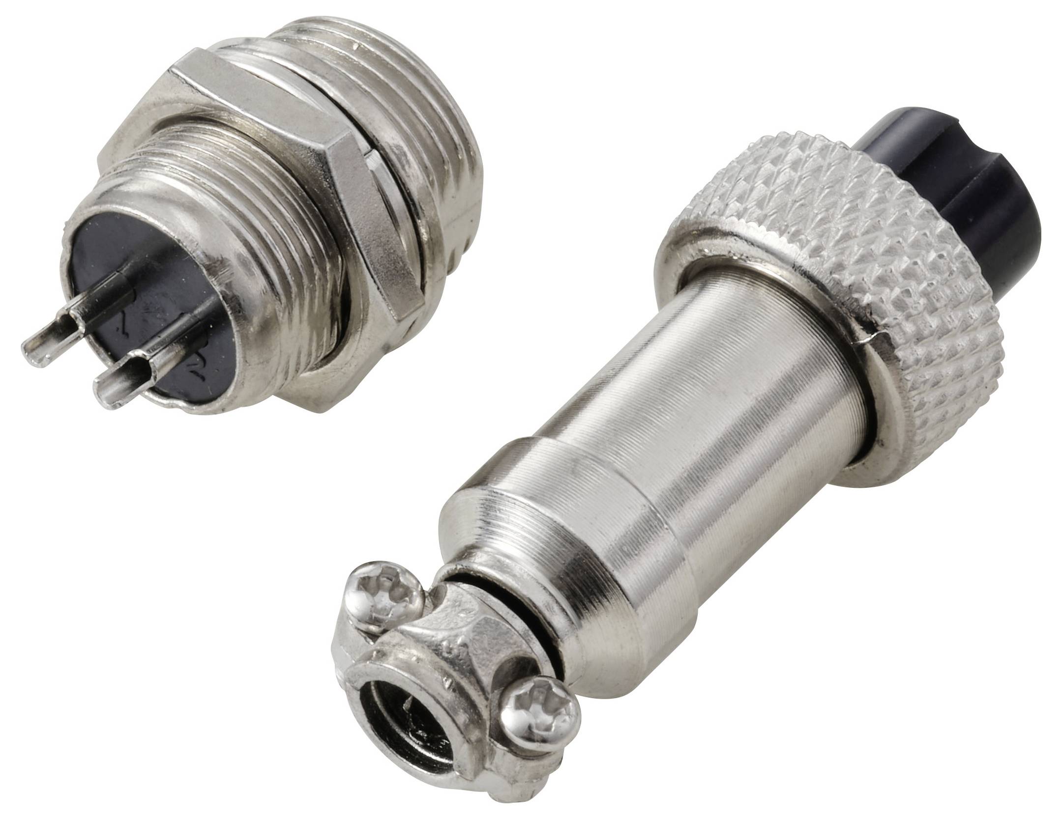 Due connettori per cavi coassiali in metallo con superfici filettate e scanalate, utilizzati per connessioni elettriche sicure.