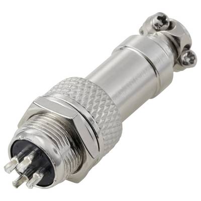 Un connettore industriale metallico con più pin e un design filettato, utilizzato per connessioni elettriche sicure in macchinari o dispositivi.
