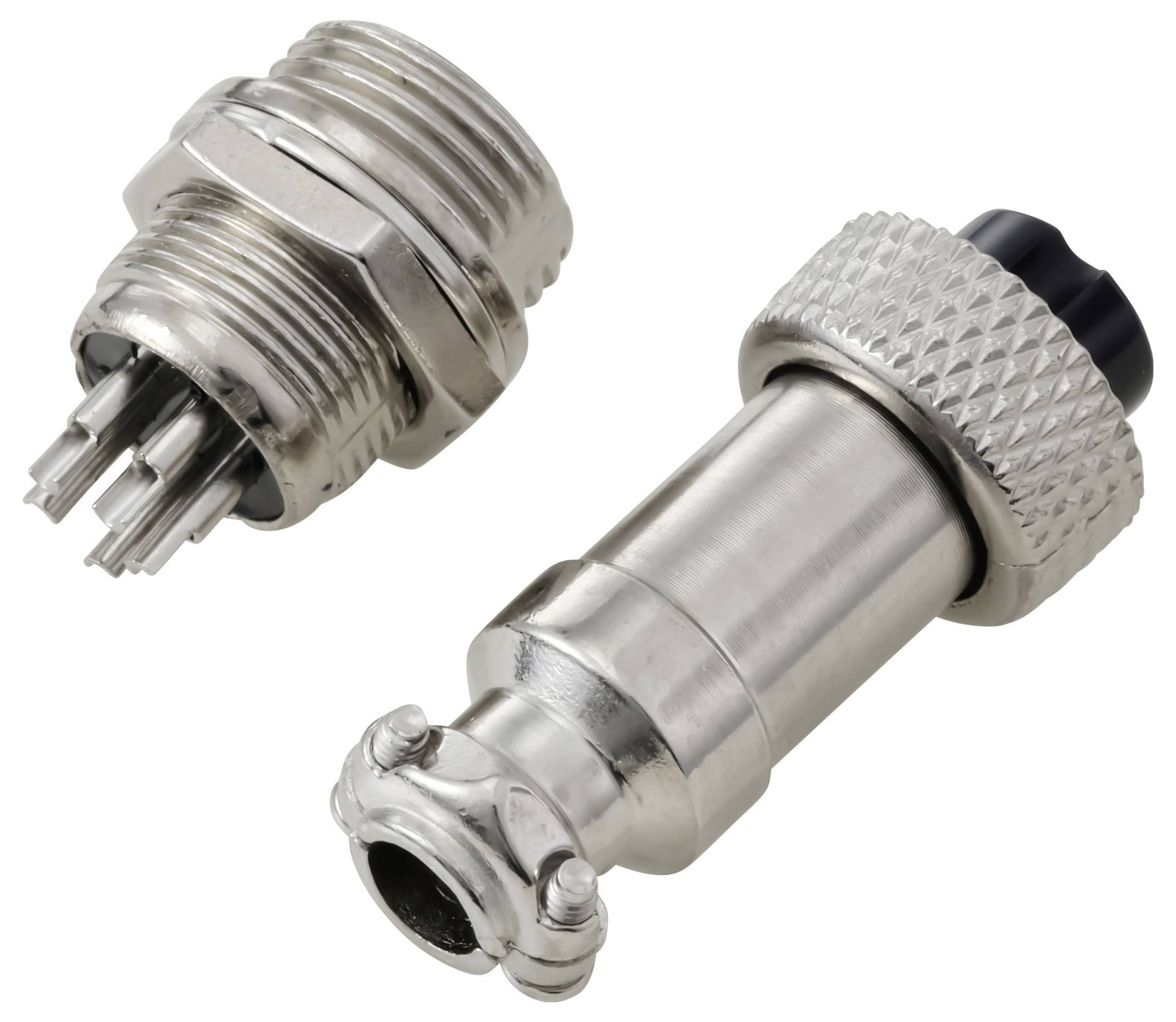Due connettori elettronici metallici con forme cilindriche, ciascuno dotato di più pin e filettature per un fissaggio sicuro.