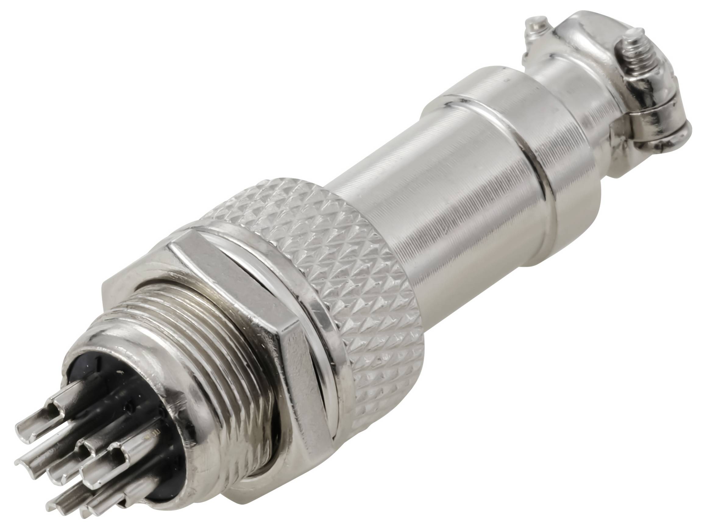 Un connettore a spina multipolare in argento con impugnatura testurizzata e multiple spine, tipicamente utilizzato per connessioni di apparecchiature industriali o elettroniche.