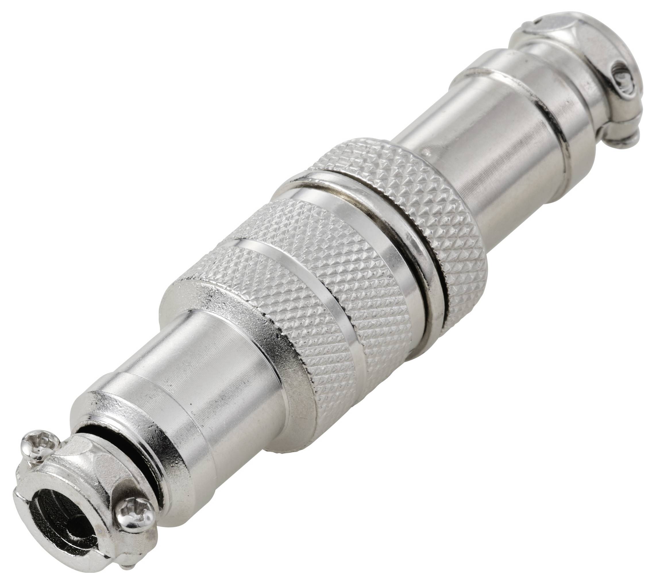 Un connettore in metallo argento con un design filettato, comunemente utilizzato per connessioni di attrezzature industriali o audio, che mostra scanalature dettagliate.