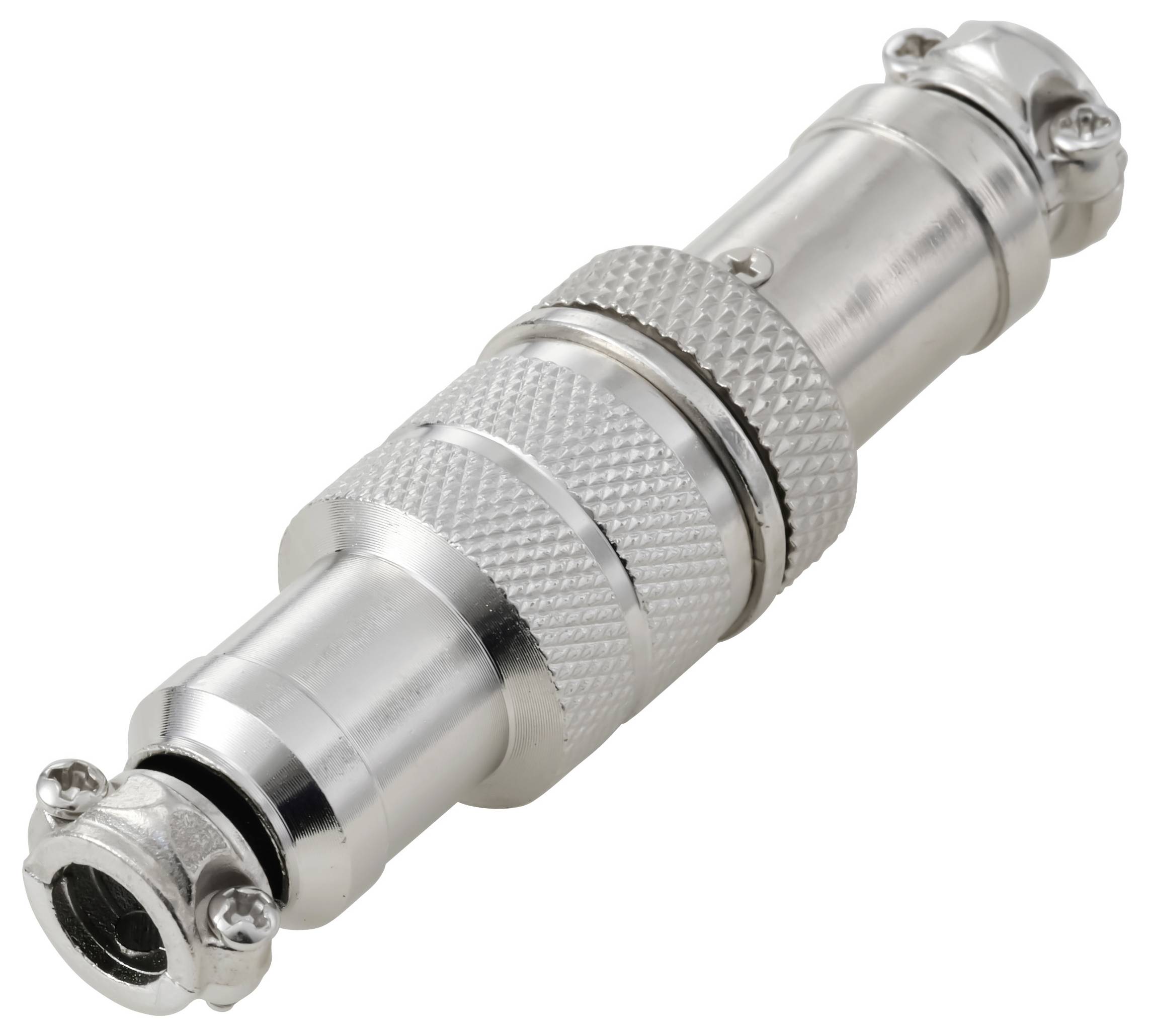 Un connettore industriale in metallo argentato con impugnatura zigrinata ed estremità a vite, progettato per garantire connessioni elettriche sicure nelle macchine.